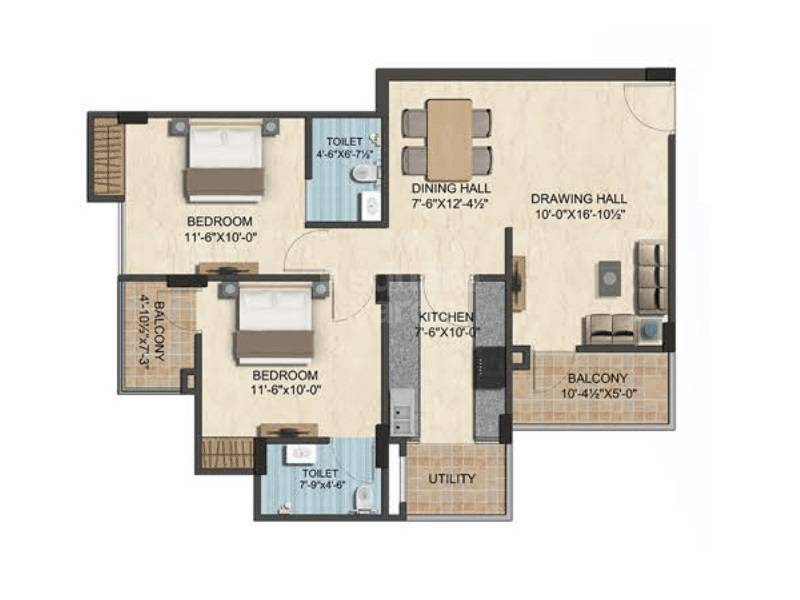 Floor plan of 2 BHK 1153 Sq. Ft. Apartment in Mirus Ample, Jaipur