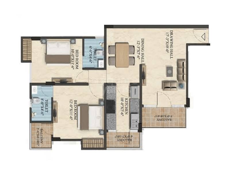 Floor plan of 2 BHK 1300 Sq. Ft. Apartment in Mirus Ample, Jaipur