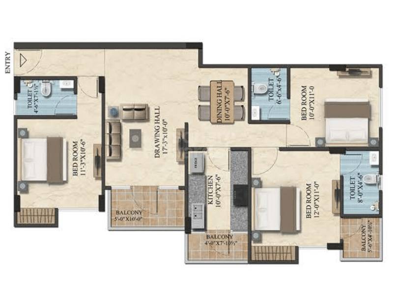 Floor plan of 3 BHK 1500 Sq. Ft. Apartment in Mirus Ample, Jaipur