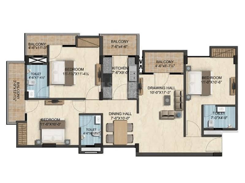 Floor plan of 3 BHK 1546 Sq. Ft. Apartment in Mirus Ample, Jaipur