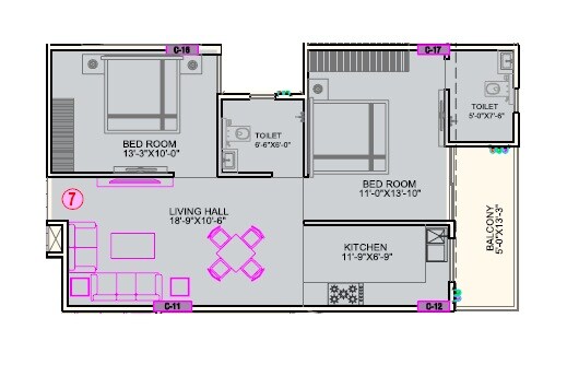 Floor plan of 2 BHK 964 Sq. Ft. Apartment in MJB Athulyam, Jaipur