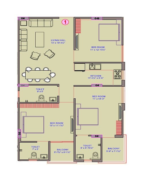 Floor plan of 3 BHK 1238 Sq. Ft. Apartment in MJB Athulyam, Jaipur
