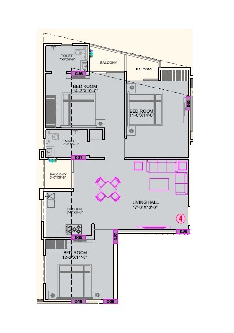Floor plan of 3 BHK 1442 Sq. Ft. Apartment in MJB Athulyam, Jaipur