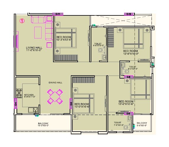 Floor plan of 4 BHK 1783 Sq. Ft. Apartment in MJB Athulyam, Jaipur