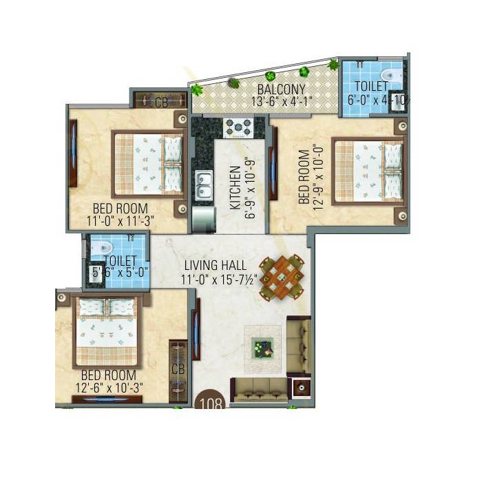 Floor plan of 3 BHK 726 Sq. Ft. Apartment in MLM Ganesham Utsav, Jaipur