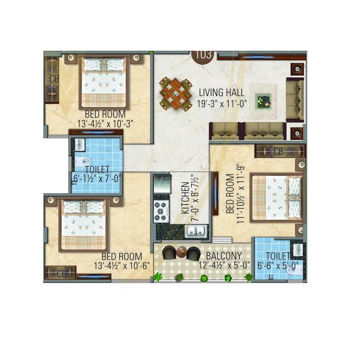 Floor plan of 3 BHK 847 Sq. Ft. Apartment in MLM Ganesham Utsav, Jaipur
