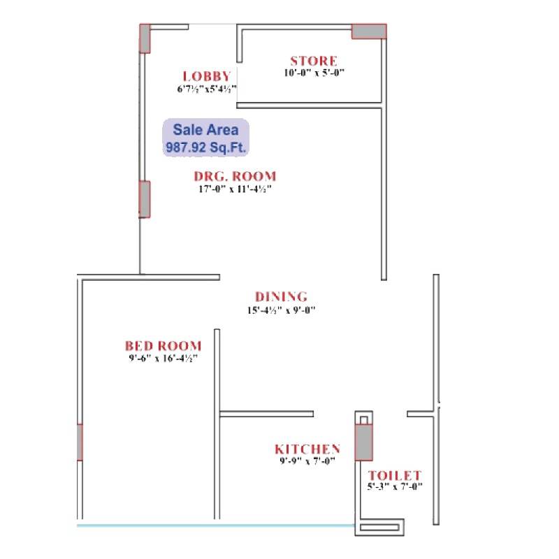 Floor plan of 1 BHK Apartment - 988 sq. ft. in Mojika Dream Point, Jaipur