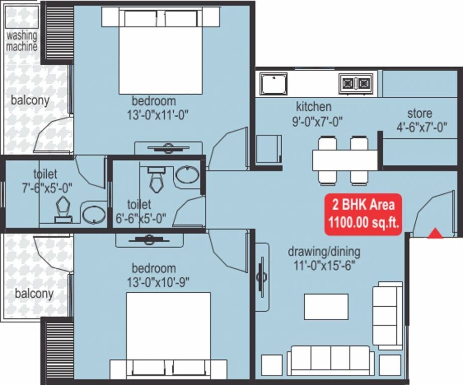 Floor plan of 2 BHK 1100 Sq. Ft. Apartment in Mojika Midas Touch, Jaipur