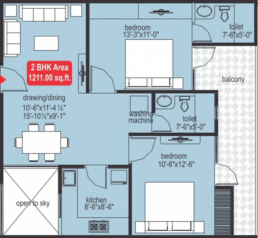 Floor plan of 2 BHK 1211 Sq. Ft. Apartment in Mojika Midas Touch, Jaipur