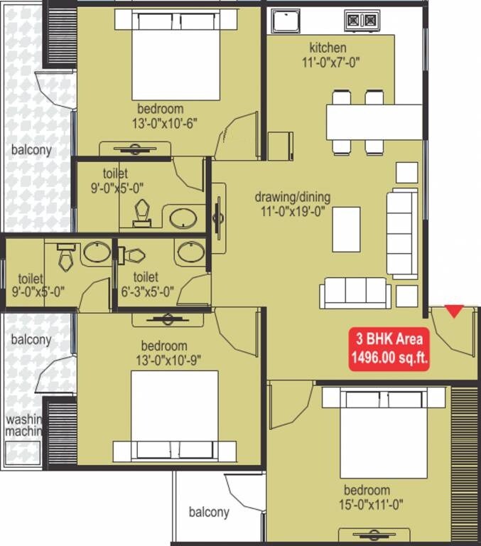 Floor plan of 3 BHK 1496 Sq. Ft. Apartment in Mojika Midas Touch, Jaipur
