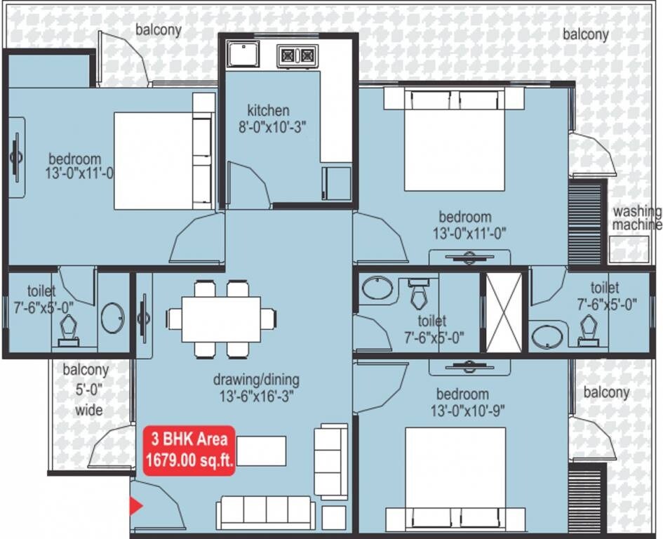 Floor plan of 3 BHK 1679 Sq. Ft. Apartment in Mojika Midas Touch, Jaipur