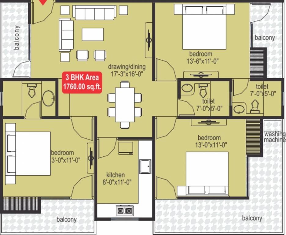 Floor plan of 3 BHK 1760 Sq. Ft. Apartment in Mojika Midas Touch, Jaipur