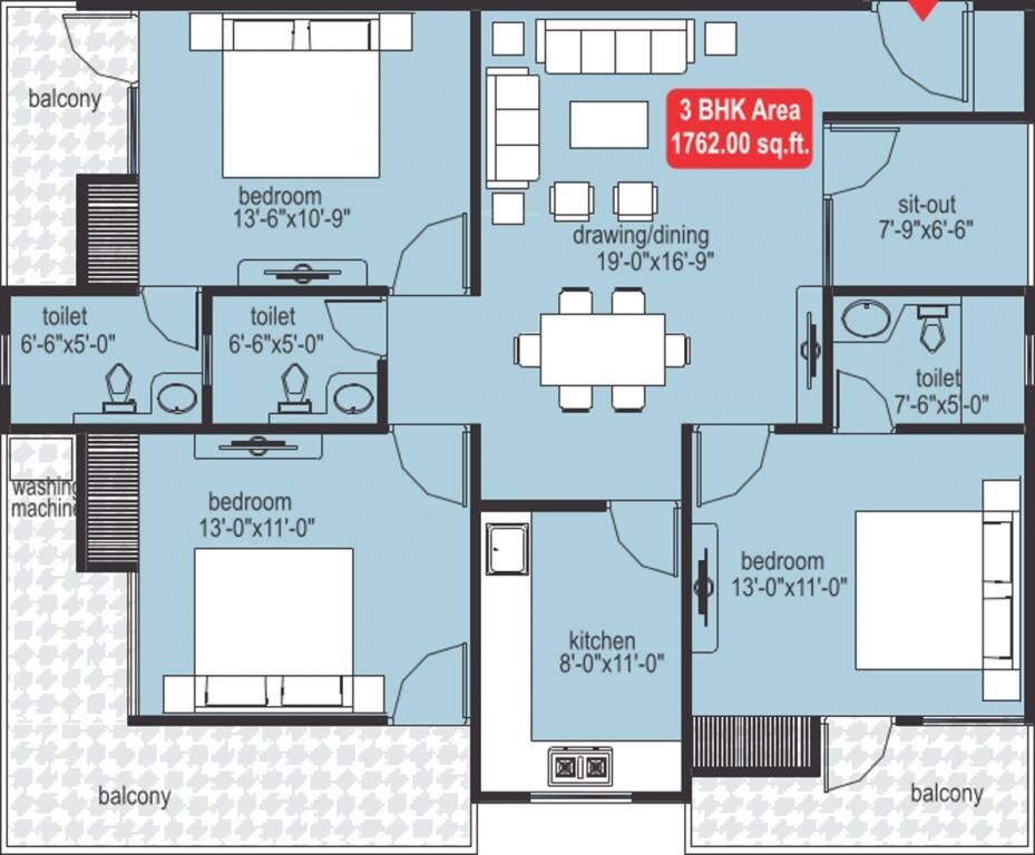 Floor plan of 3 BHK 1762 Sq. Ft. Apartment in Mojika Midas Touch, Jaipur
