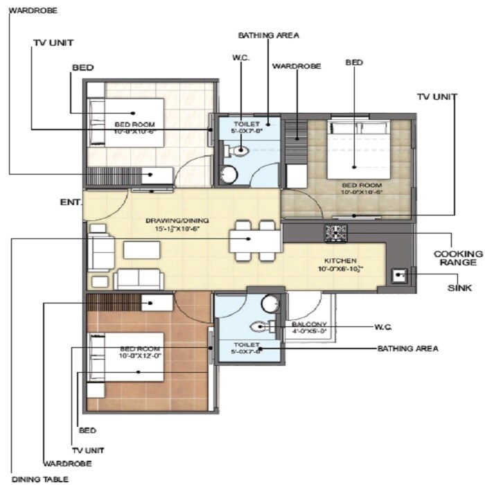 Floor plan of 3 BHK 1335 Sq. Ft. Apartment in Mojika Ultima, Jaipur