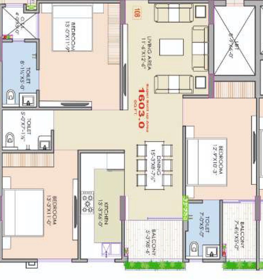 Floor plan of 3 BHK 1603 Sq. Ft. Apartment in MRG Altura 3, Jaipur