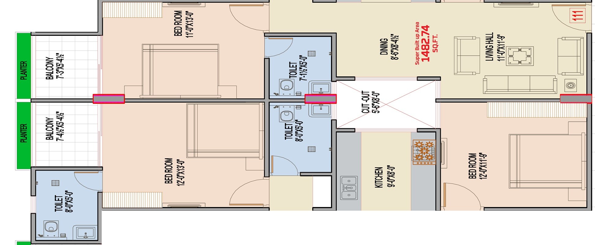 Floor plan of 3 BHK 1483 Sq. Ft. Apartment in MRG Altura 4, Jaipur