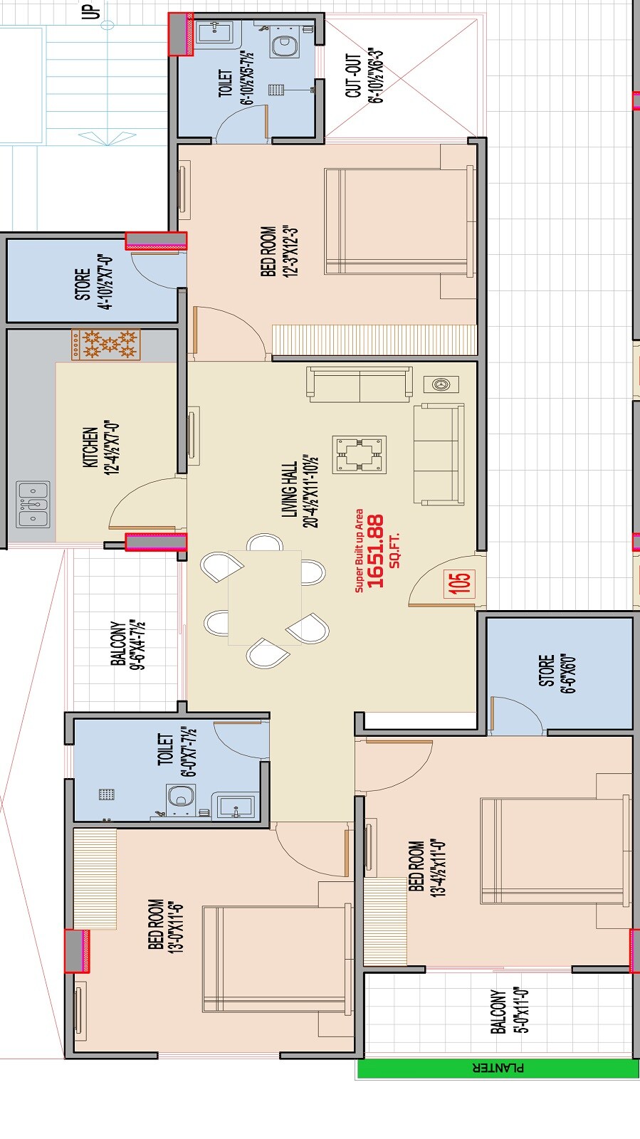 Floor plan of 3 BHK 1652 Sq. Ft. Apartment in MRG Altura 4, Jaipur