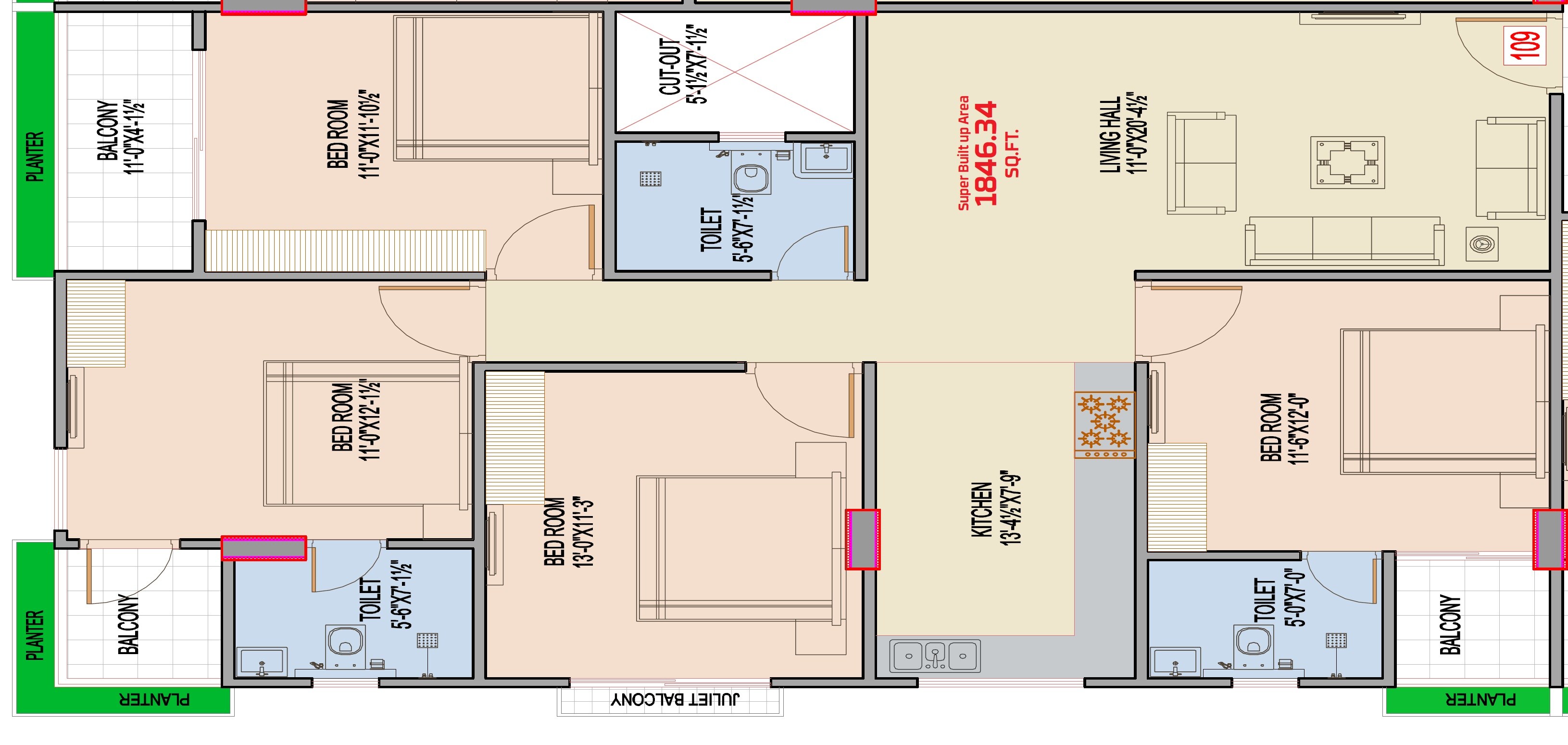Floor plan of 4 BHK 1846 Sq. Ft. Apartment in MRG Altura 4, Jaipur