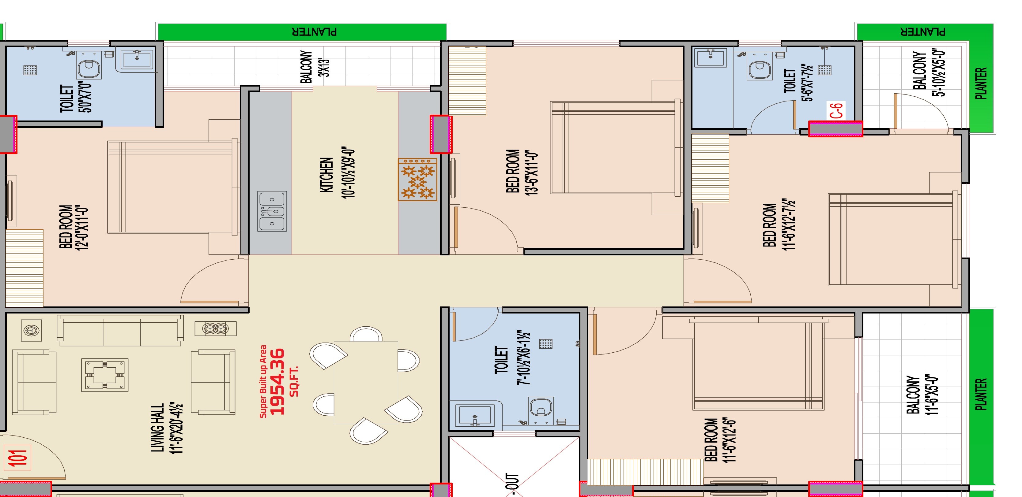 Floor plan of 4 BHK 1954 Sq. Ft. Apartment in MRG Altura 4, Jaipur
