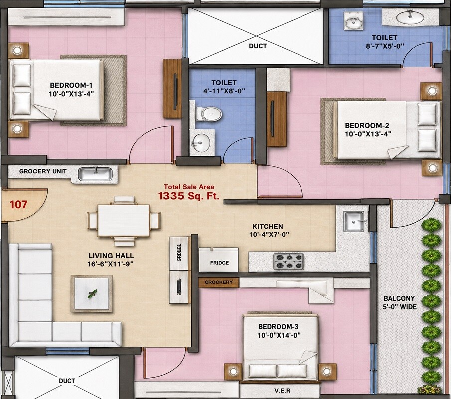 Floor plan of 3 BHK 1335 Sq. Ft. Apartment in MRG Altura 5, Jaipur