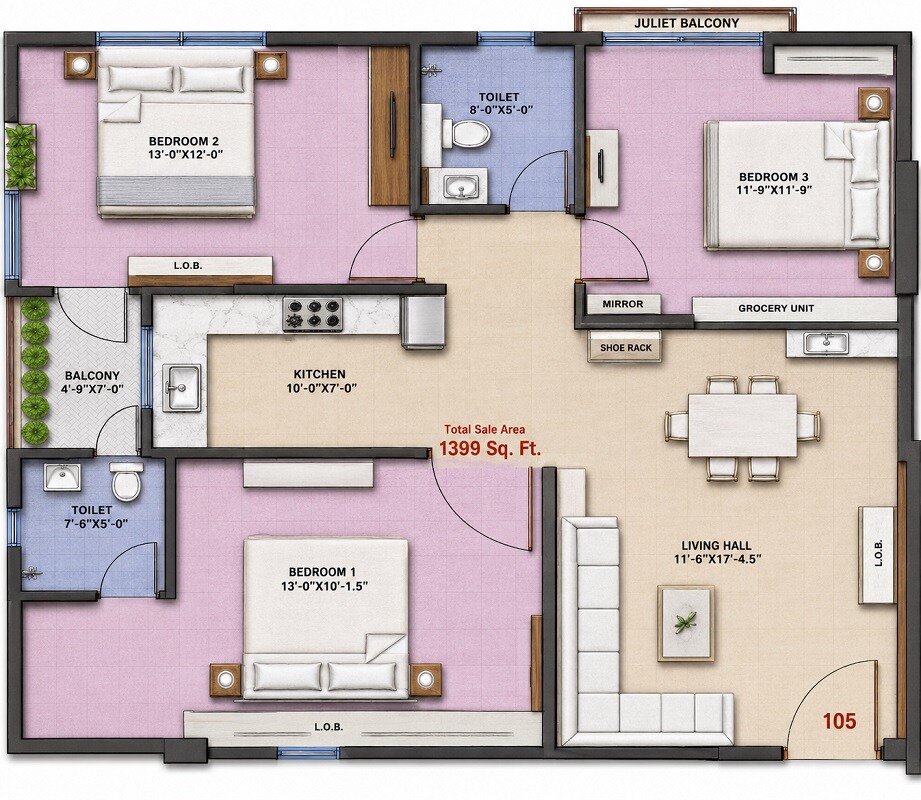 Floor plan of 3 BHK 1399 Sq. Ft. Apartment in MRG Altura 5, Jaipur