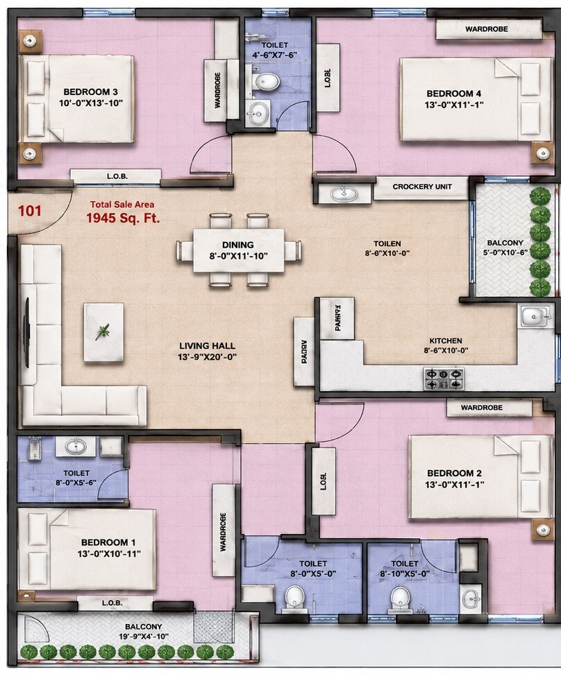 Floor plan of 4 BHK 1945 Sq. Ft. Apartment in MRG Altura 5, Jaipur