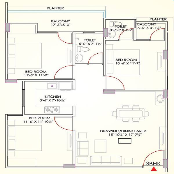 Floor plan of 3 BHK 803 Sq. Ft. Apartment in MRG Altura, Jaipur