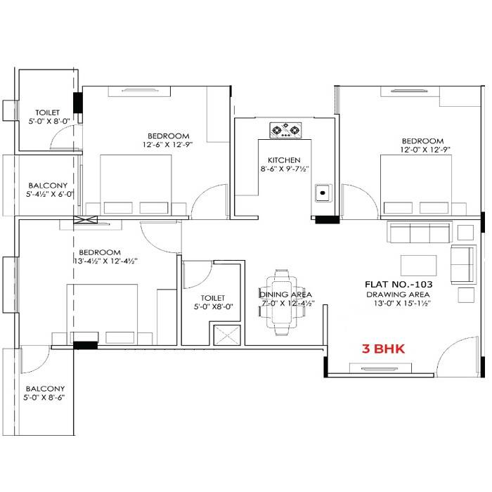 3 BHK 846 Sq. Ft. Apartment