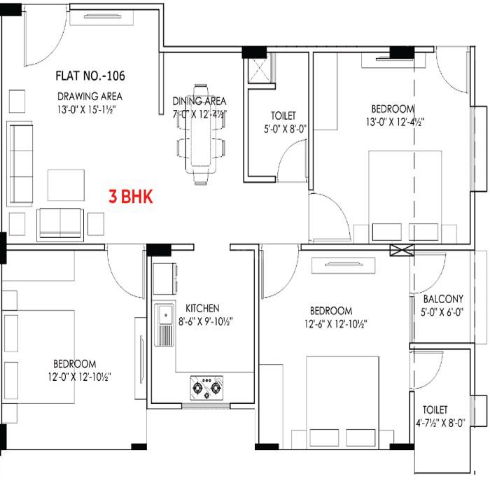 3 BHK 954 Sq. Ft. Apartment