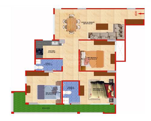 Floor plan of 3 BHK 844 Sq. Ft. Apartment in My Sunrise Heights, Jaipur