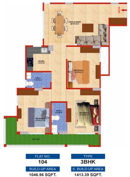 Floor plan of 3 BHK 1413 Sq. Ft. Apartment in My Sunrise Heights Chordiya City, Jaipur