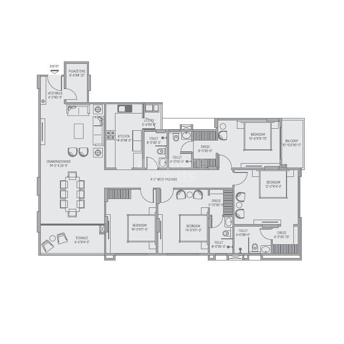Floor plan of 4 BHK 2435 Sq. Ft. Apartment in Nature Amaltas, Jaipur