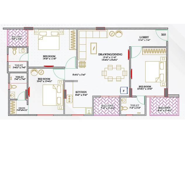 Floor plan of 3 BHK 1034 Sq. Ft. Apartment in Neelkanth Suraj Heights, Jaipur
