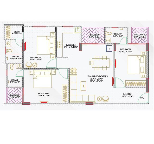 Floor plan of 3 BHK 1060 Sq. Ft. Apartment in Neelkanth Suraj Heights, Jaipur