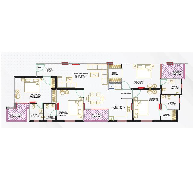 Floor plan of 4 BHK 1429 Sq. Ft. Apartment in Neelkanth Suraj Heights, Jaipur