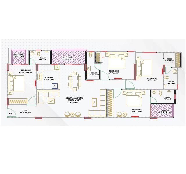 Floor plan of 4 BHK 1445 Sq. Ft. Apartment in Neelkanth Suraj Heights, Jaipur