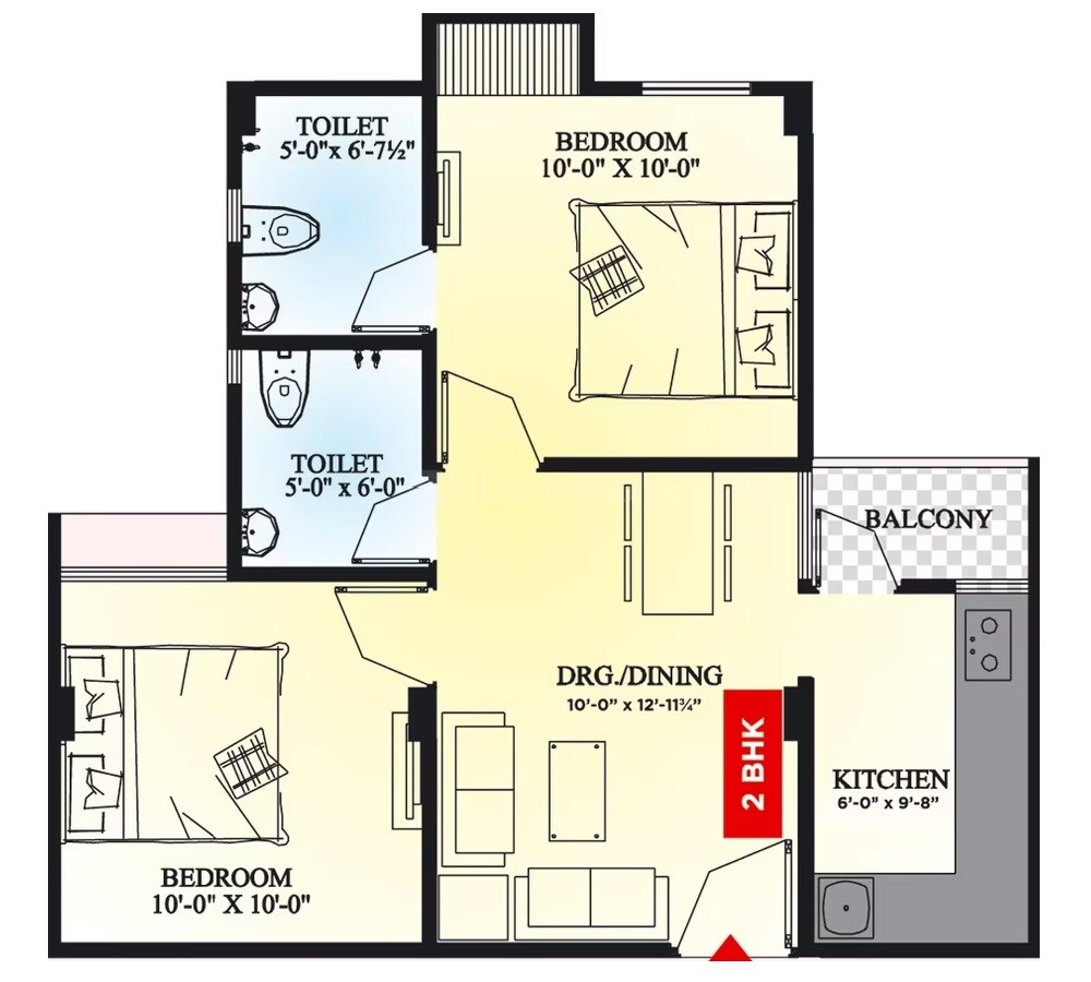 Floor plan of 2 BHK 729 Sq. Ft. Apartment in Okay Plus Anandam, Jaipur