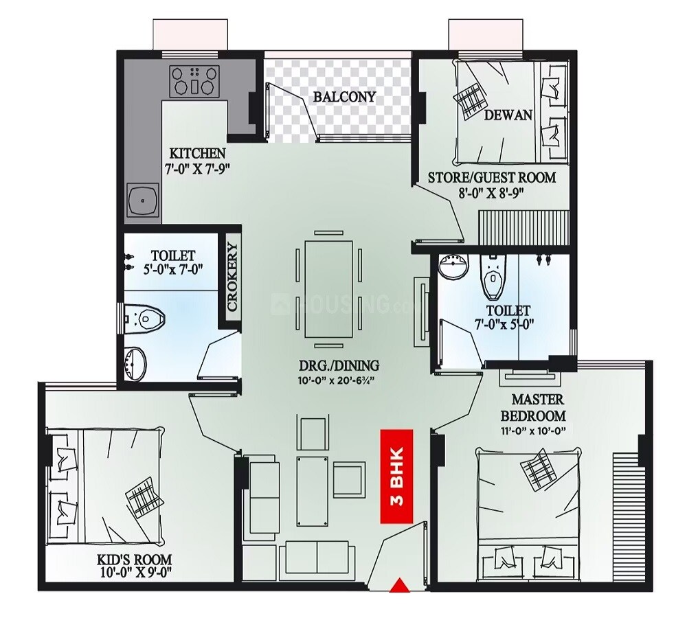 Floor plan of 3 BHK 943 Sq. Ft. Apartment in Okay Plus Anandam, Jaipur