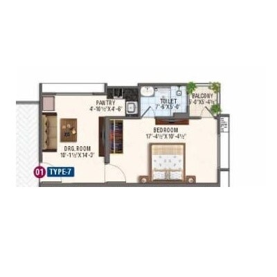 Floor plan of 1 BHK 400 Sq. Ft. Apartment in Okay Plus Ruby Suites, Jaipur
