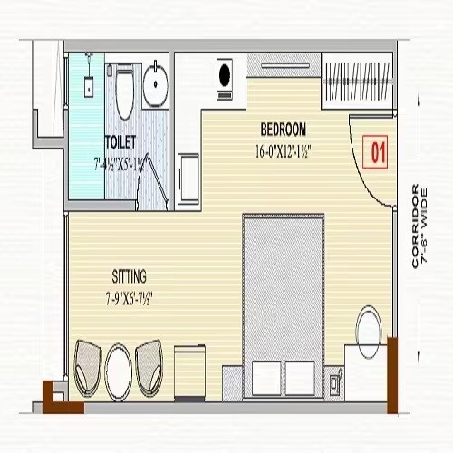 Floor plan of 442 Sq. Ft. Studio in Okay Plus Solitaire Suites, Jaipur