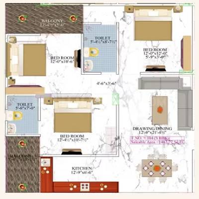 Floor plan of 3 BHK 908 Sq. Ft. Apartment in Opulent Arya Mansion, Jaipur