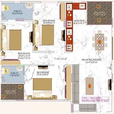 Floor plan of 3 BHK 979 Sq. Ft. Apartment in Opulent Arya Mansion, Jaipur