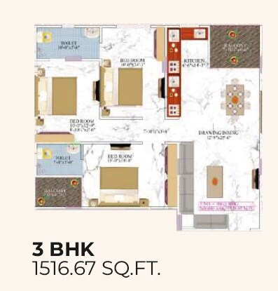 Floor plan of 3 BHK Apartment - 1516 sq. ft. in Opulent Arya Residency, Jaipur