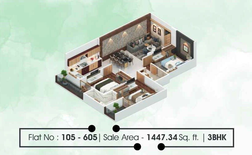 Floor plan of 3 BHK 1447 Sq. Ft. Apartment in Opulent Arya Shine, Jaipur