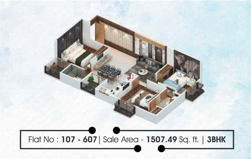 Floor plan of 3 BHK 1507 Sq. Ft. Apartment in Opulent Arya Shine, Jaipur