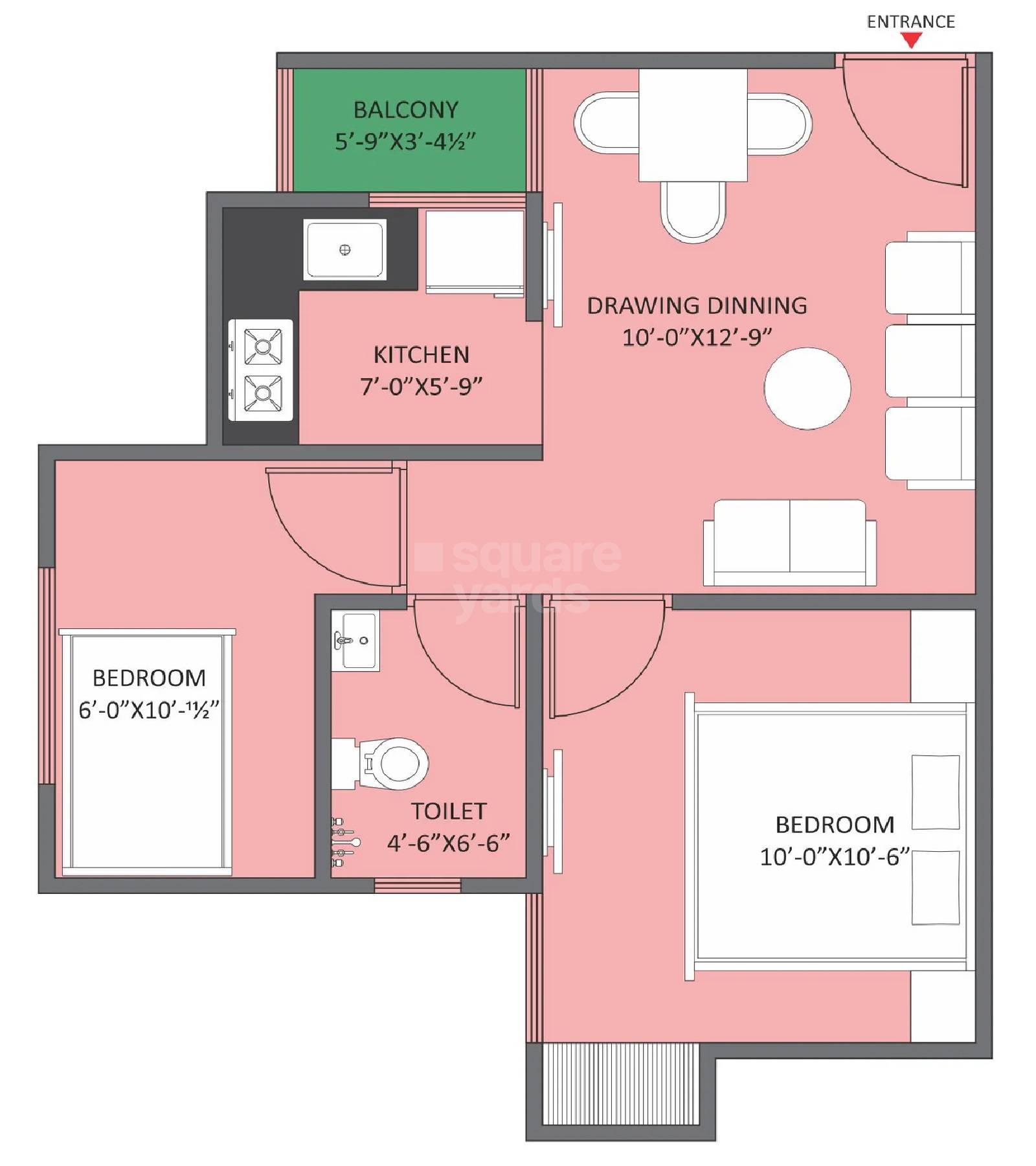2 BHK 593 Sq. Ft. Apartment