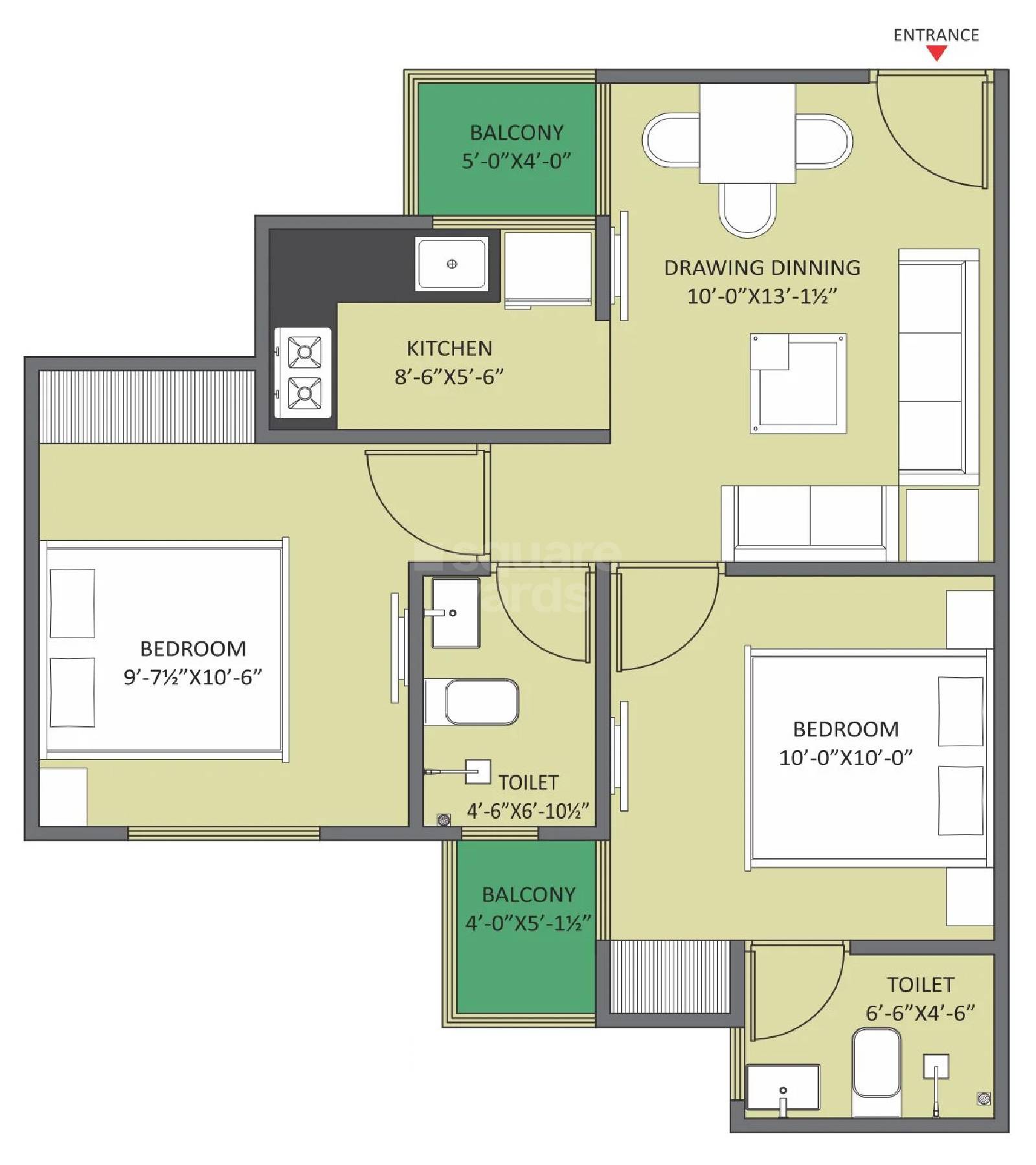 2 BHK 742 Sq. Ft. Apartment