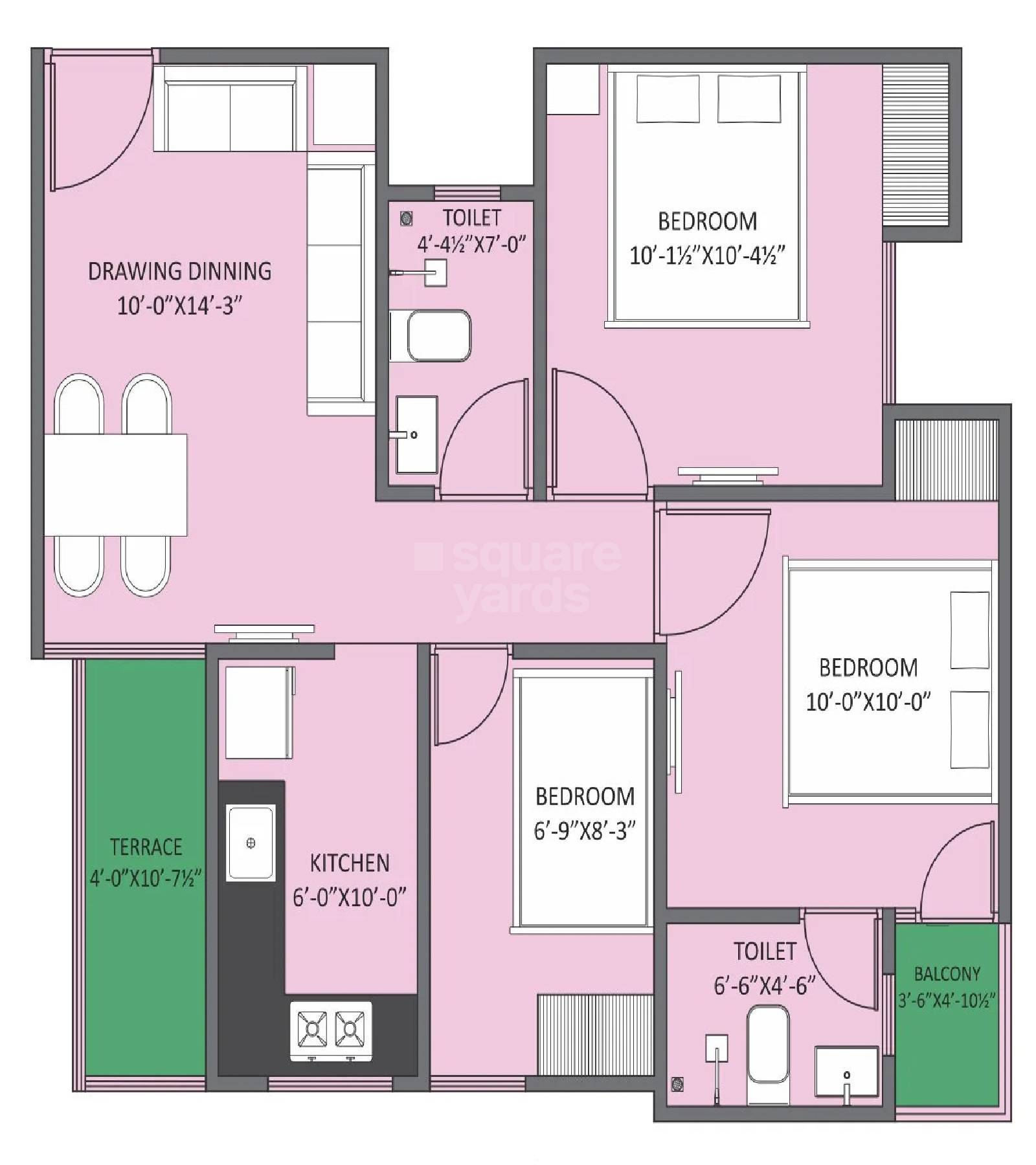 3 BHK 923 Sq. Ft. Apartment