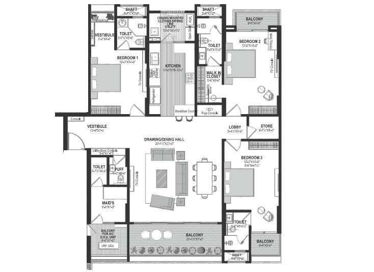 Floor plan of 3 BHK 1714 Sq. Ft. Apartment in ORG The Sky Bungalows, Jaipur