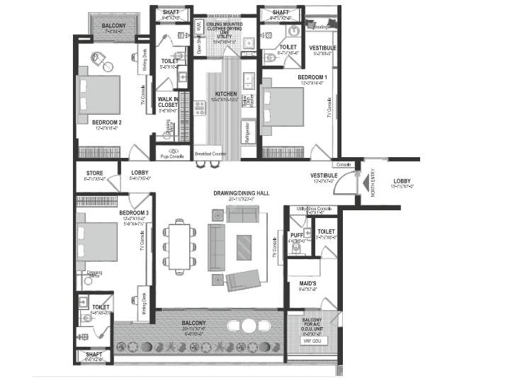 Floor plan of 3 BHK 1749 Sq. Ft. Apartment in ORG The Sky Bungalows, Jaipur